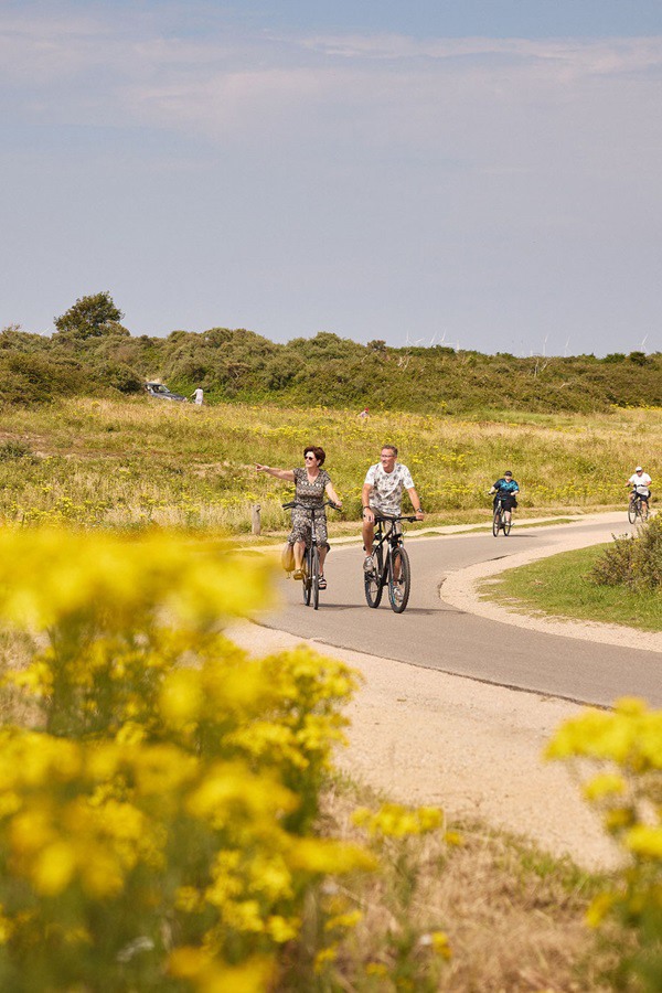 twee mensen op de fiets in landschap vol bloemen